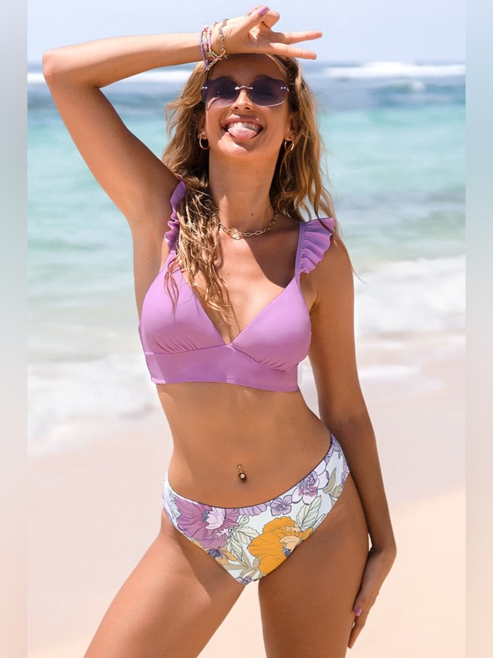 Cupshe Lavender Ruffle-Strap Bikini Top Floral Yellow & Purple Bottom Size Large